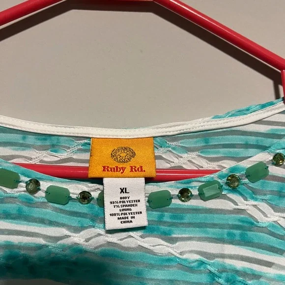 Ruby Rd Womens Top XL Blue White Striped Beaded Neck 3/4 Sleeve Tunic Layered - Picture 4 of 7